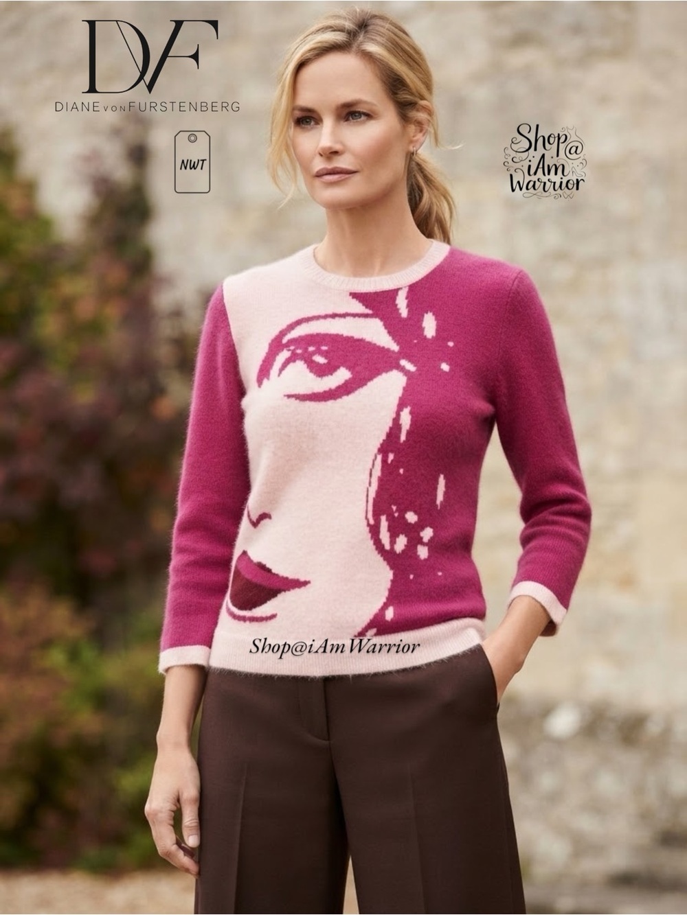 Diane von Furstenberg NWT Graphic Face Intarsia Lambswool Angora Pink Sweater